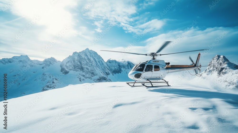 White Helicopter Landing on Snowy Mountain Peak White Helicopter Landing on Snowy Mountain Peak