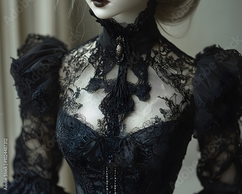 Ball jointed doll in a beautiful and gothic Victorian dress with lace and dark accents