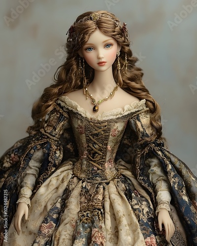Ball jointed doll in a beautiful and elegant ballgown, adorned with pearls and soft tulle