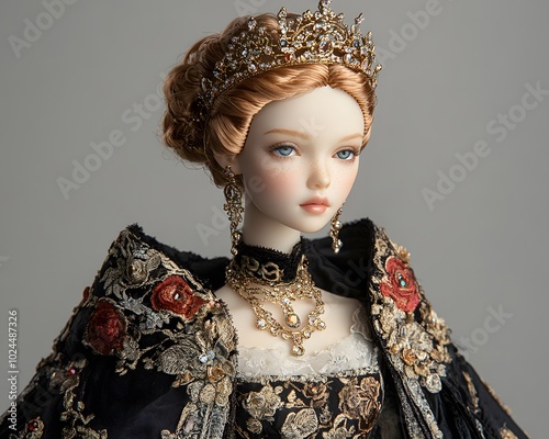 Ball jointed doll in an elegant royal ball outfit, complete with a jeweled tiara and cape photo