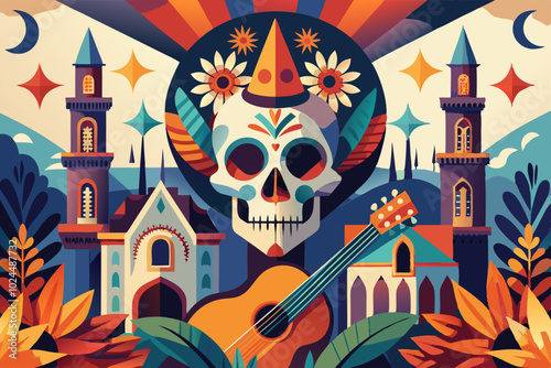 Vibrant dia de los muertos celebration art with skull, guitar, and mexican architecture