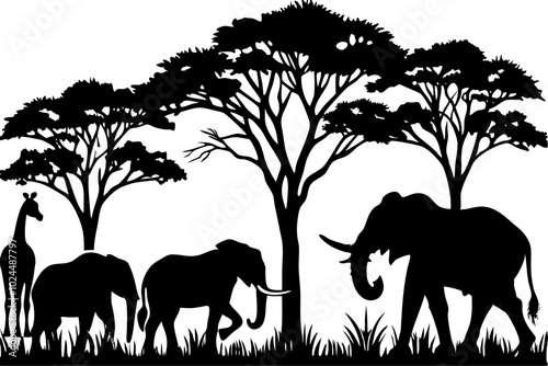 Silhouette of animals in the savannah. African landscape scene. Vector horizontal seamless tropical background with elephants, giraffes and lion. Black isolated silhouette