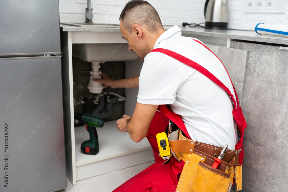 The carpenter puts the aluminum molding in place of the work surface in the kitchen.