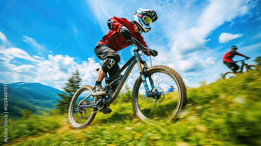 Professional cyclist riding enduro trail mountain bike downhill Professional cyclist riding enduro trail mountain bike downhill
