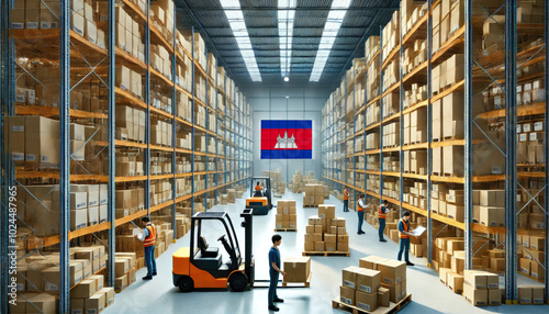 Workers and forklifts organize boxes in a large Cambodia warehouse, reflecting logistics, commerce, and efficient supply chain operations