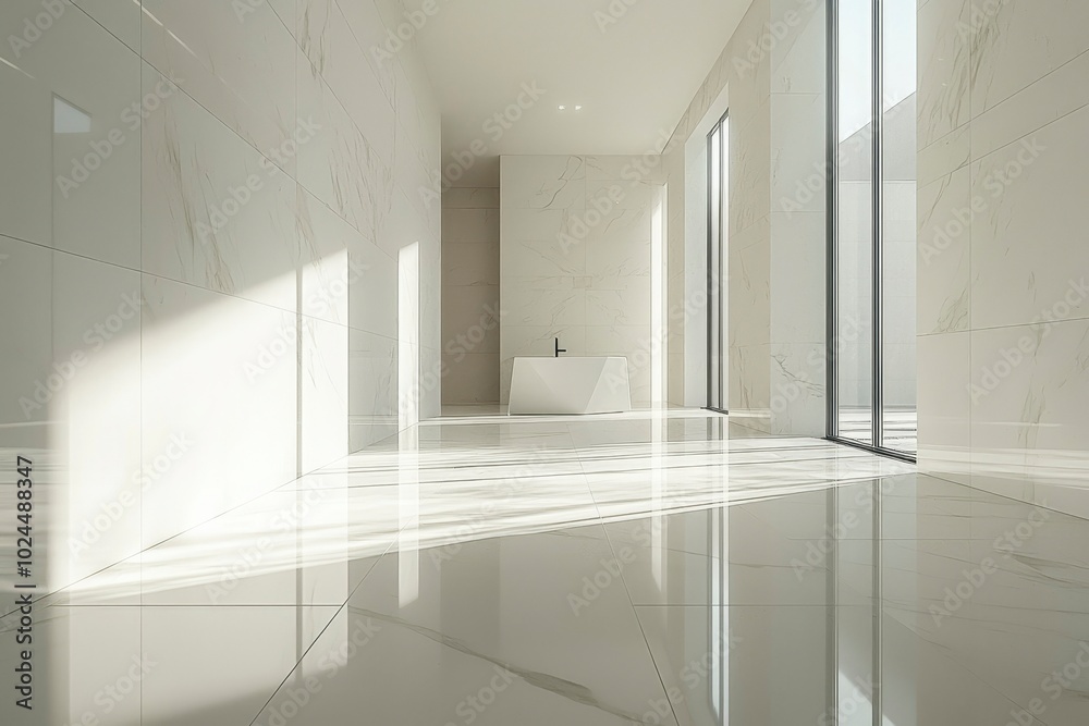 Modern White Bathroom with Geometric Tiles and Minimalist Sink Modern White Bathroom with Geometric Tiles and Minimalist Sink