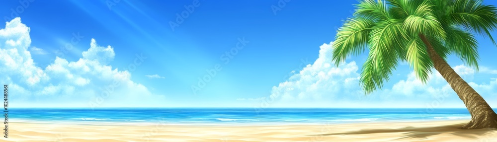 Fototapeta premium Serene tropical paradise, palm trees swaying on a pristine beach with azure waters and sunny sky