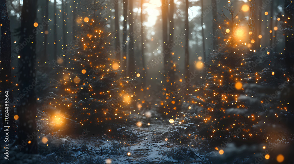 Naklejka premium Magical forest with christmas trees and glowing lights