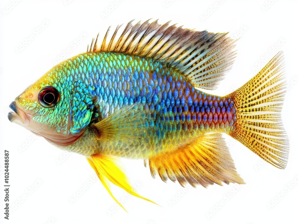 A vibrant, multi-colored fish with hues of green, blue, and yellow across its scales