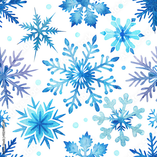 blue snow snowflakes watercolor seamless vector pattern background