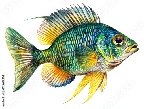 A vibrant, multi-colored fish with hues of green, blue, and yellow across its scales