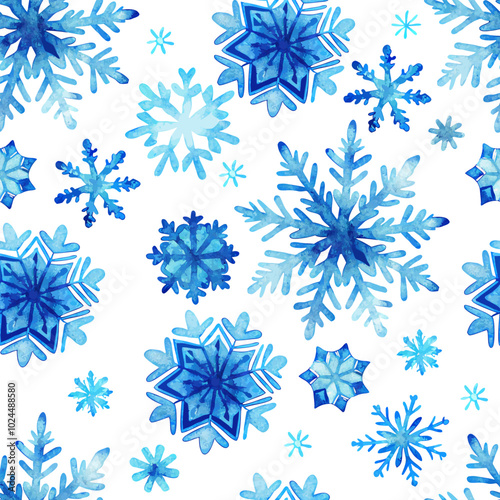 watercolor blue realistic snowflakes seamless vector pattern background