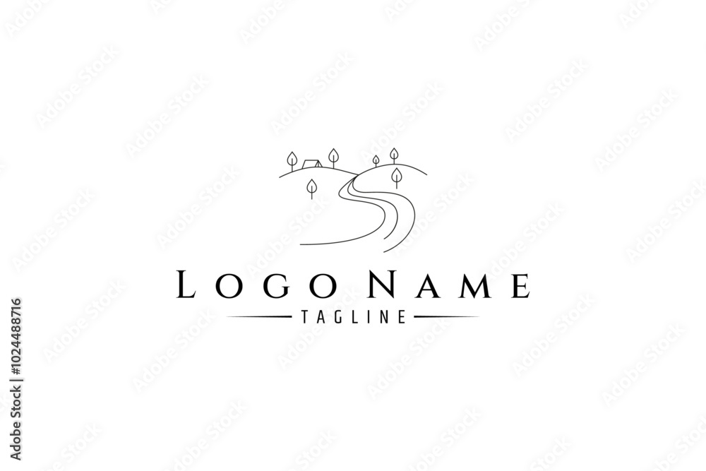 Camping logo in nature hill with pine trees in minimalist line art design style