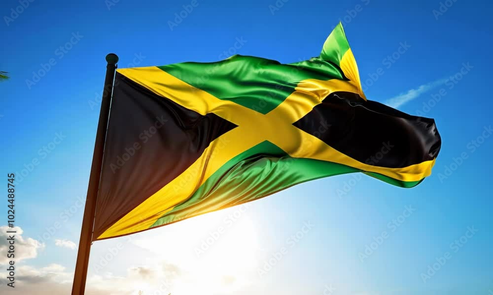 Jamaican flag waves proudly against a clear blue sky, represents national pride and cultural identity