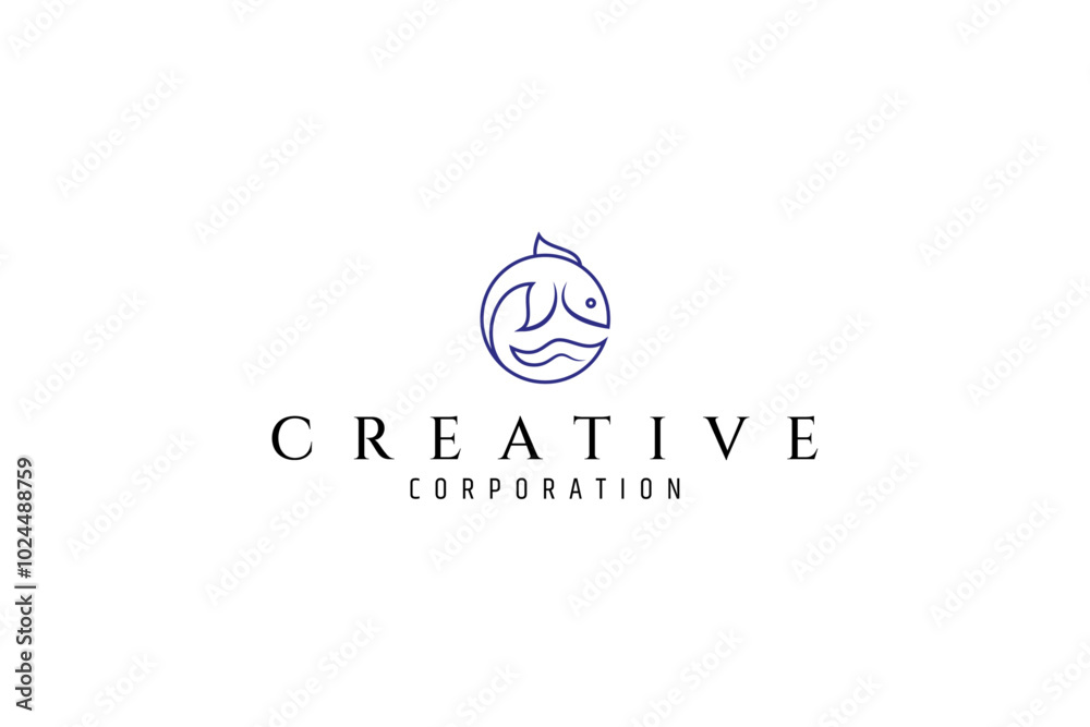 fish logo with waves in circle shape in linear design style