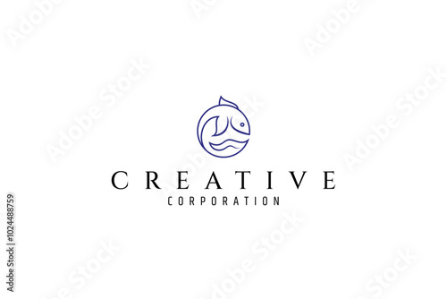 fish logo with waves in circle shape in linear design style