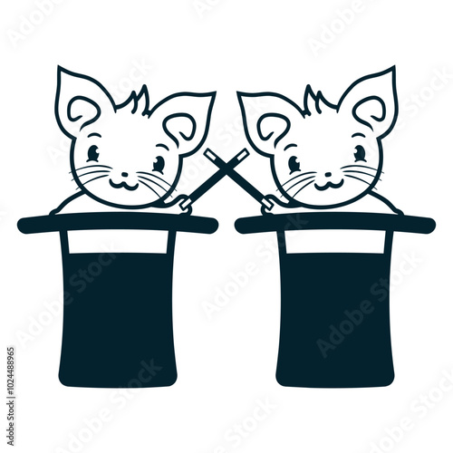 2 Cat Top Hat Magical Magic Wand Wizard Trick Friends two Team Isolated Vector Graphic Design Illustration