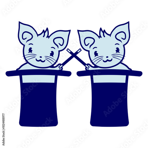 2 Cat Top Hat Magical Magic Wand Wizard Trick Friends two Team Isolated Vector Graphic Design Illustration