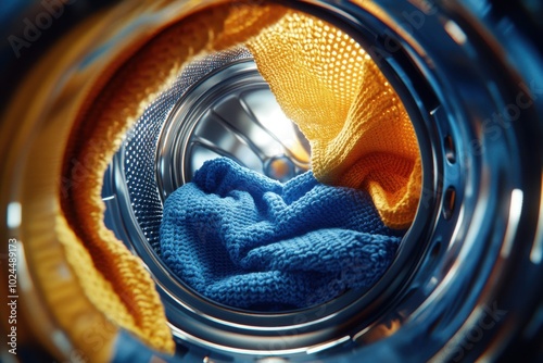 A view from inside a washing machine drum, showing colorful clothes, including knits photo