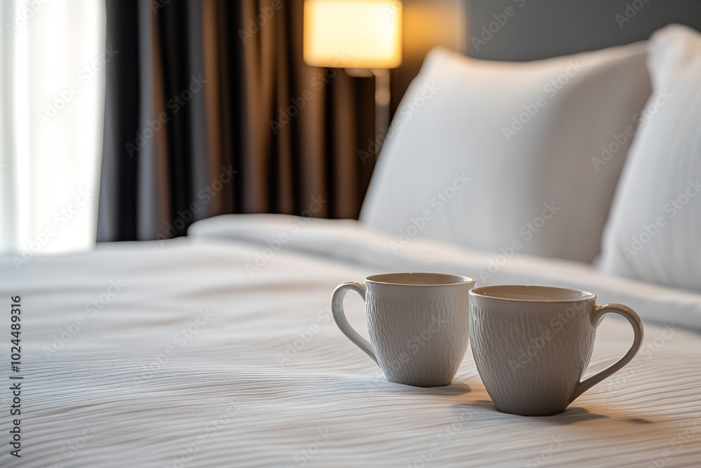 Close up of twin welcome coffee cup on white bed in hotel room - hotel well hospitality vacation travel concept Close up of twin welcome coffee cup on white bed in hotel room - hotel well hospitality vacation travel concept