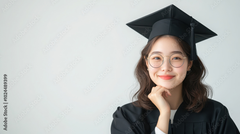 Asian woman in black graduation gown and cap, hands clasped under chin and glasses Asian woman in black graduation gown and cap, hands clasped under chin and glasses