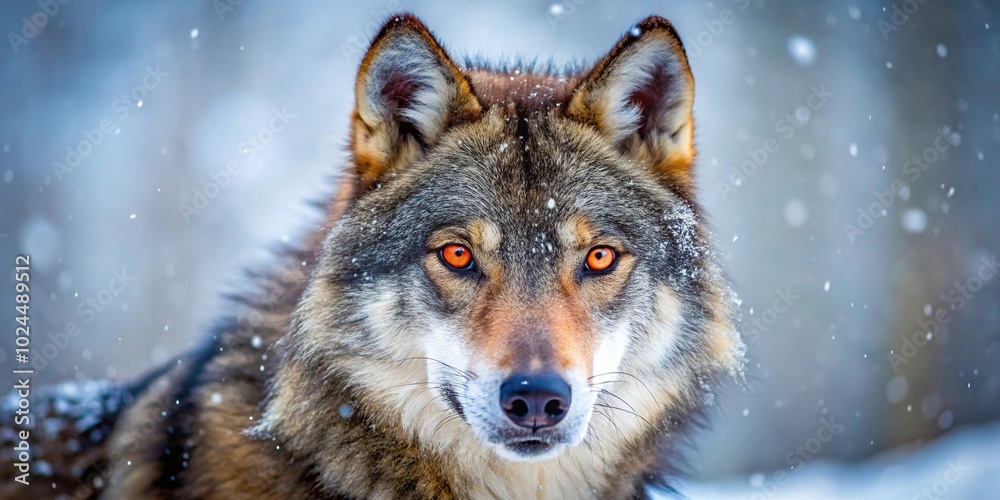 Macro photograph of intense red eyed Canis Lupus wolf standing in snowy wilderness Macro photograph of intense red eyed Canis Lupus wolf standing in snowy wilderness