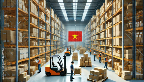 Workers and forklifts organize boxes in a large Vietnam warehouse, reflecting logistics, commerce, and efficient supply chain operations