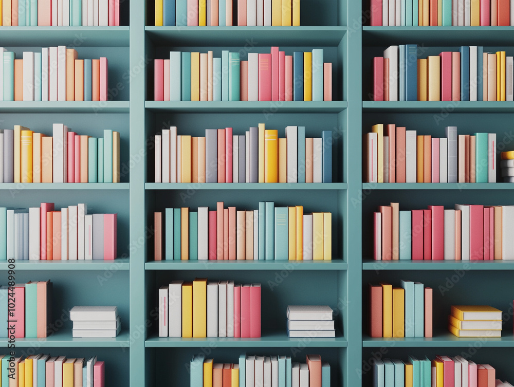 Colorful book shelves filled with various books on a teal background. Colorful book shelves filled with various books on a teal background.