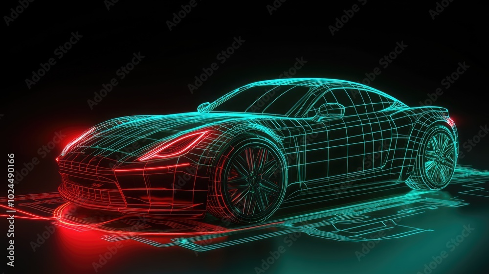 Naklejka premium Neon lights illuminating a futuristic car on a circuit board, symbolizing advanced automotive technology and the crucial role of cybersecurity.