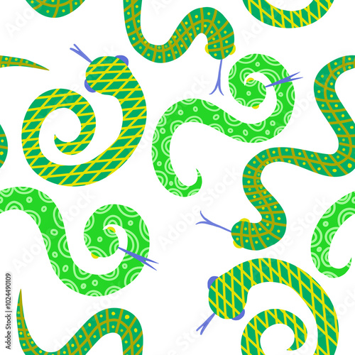 Simple seamless decorative snake pattern drawn with colored pencils and markers. Designed for printing on clothing, textiles, packaging materials, your products will be stylish with a unique design 