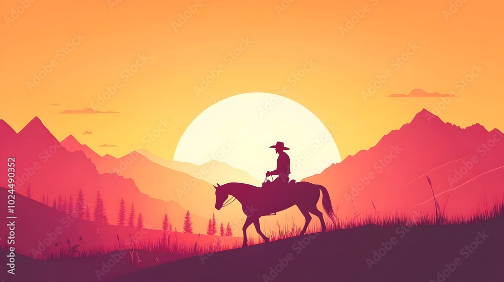 A flat vector illustration of a cowboy riding a horse in a desert landscape, with a sunset in the background A flat vector illustration of a cowboy riding a horse in a desert landscape, with a sunset in the background