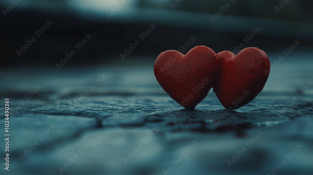 Fototapeta premium Two red hearts on a wooden table, symbol of love and affection 