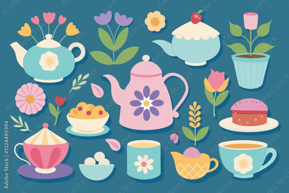 Elegant tea party elements collection with floral and teacup designs for decorations and invitations