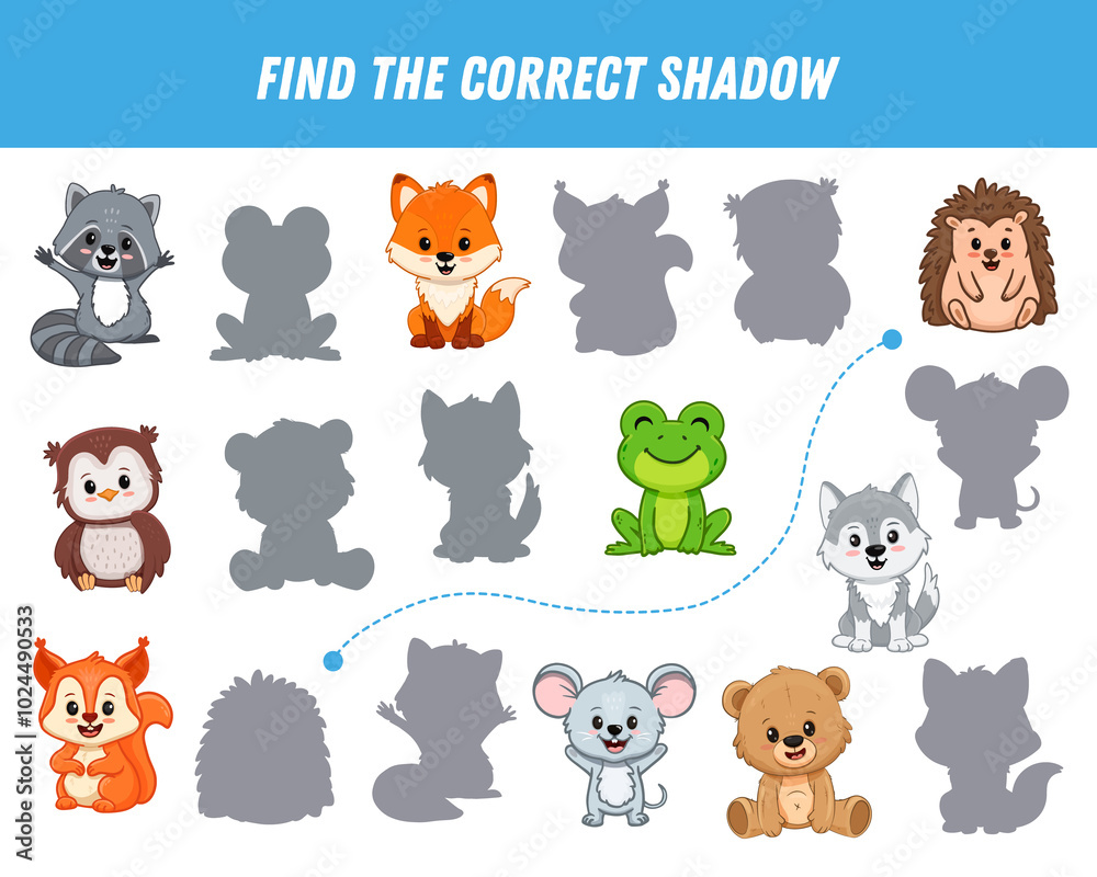 Find correct shadow of animals. Educational logical game for kids. Cartoon raccoon, fox, owl, wolf, hedgehog, squirrel, mouse, bear. Find correct shadow of animals. Educational logical game for kids. Cartoon raccoon, fox, owl, wolf, hedgehog, squirrel, mouse, bear.