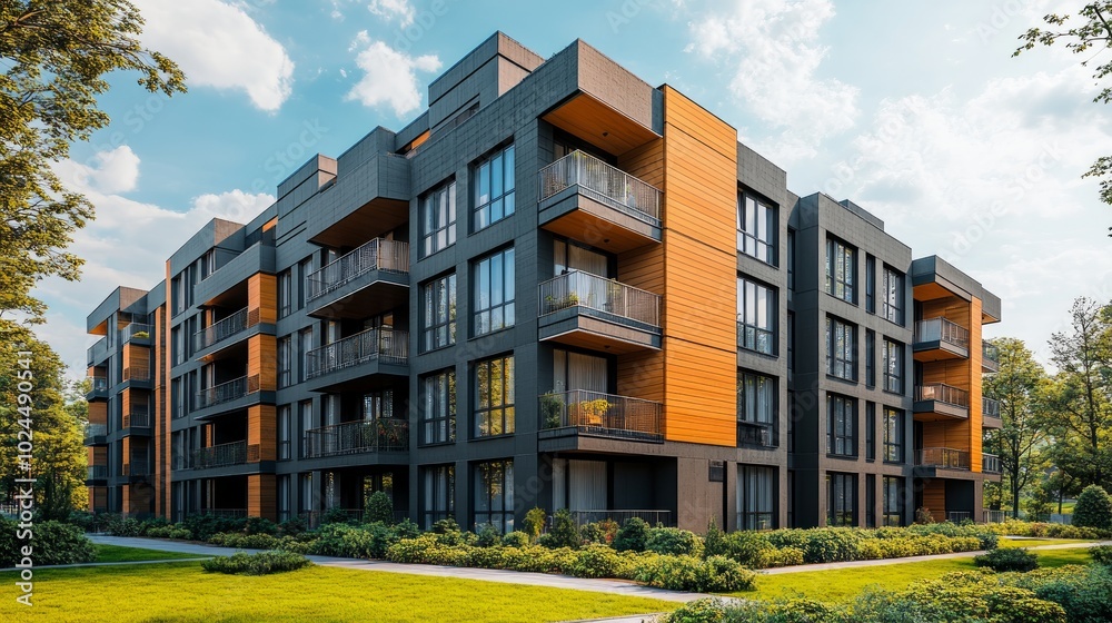 Modern apartment building with balconies, surrounded by lush greenery and blue sky. Modern apartment building with balconies, surrounded by lush greenery and blue sky.