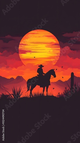 A flat vector illustration of a cowboy riding a horse in a desert landscape, with a sunset in the background