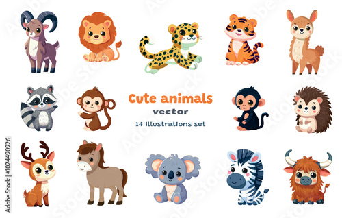 Cute animals set. Childish cartoon illustration. Vector clip art animals isolated on white background Flat design element	