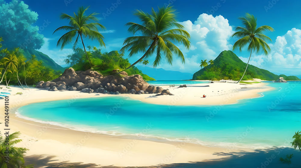 Fototapeta premium Illustration beautiful sandy tropical beach with island on with clouds sky, on a bright background high quality background.