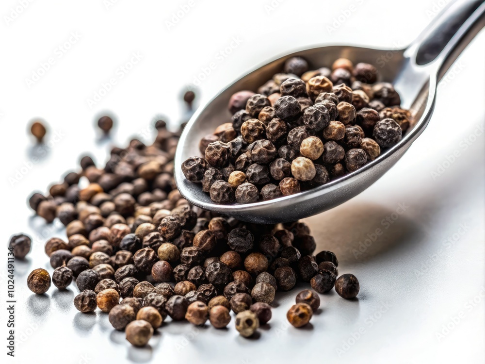 A close-up shot captures the dynamic act of hand pouring black peppercorns against a clean white backdrop, showcasing the textures and rich color of the spices. A close-up shot captures the dynamic act of hand pouring black peppercorns against a clean white backdrop, showcasing the textures and rich color of the spices.