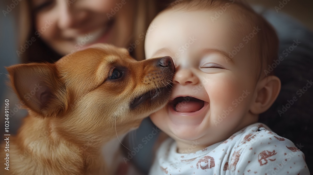A baby giggling as their dog licks their face, with a parent smiling in the background A baby giggling as their dog licks their face, with a parent smiling in the background