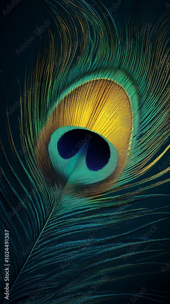 Obraz premium Close-up of a Peacock Feather with Vibrant Colors and Intricate Patterns.