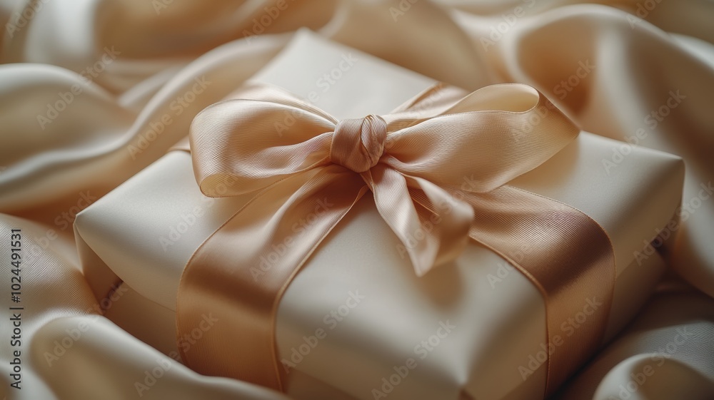 Elegant gift box, wrapped in smooth, matte paper with a satin ribbon tied in a perfect bow. satin bow against a sparkling bokeh light background, perfect for celebrations Elegant gift box, wrapped in smooth, matte paper with a satin ribbon tied in a perfect bow. satin bow against a sparkling bokeh light background, perfect for celebrations