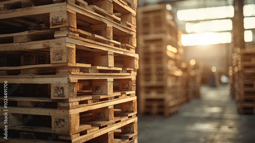 Wooden Pallets Stacked in a Warehouse Wooden Pallets Stacked in a Warehouse