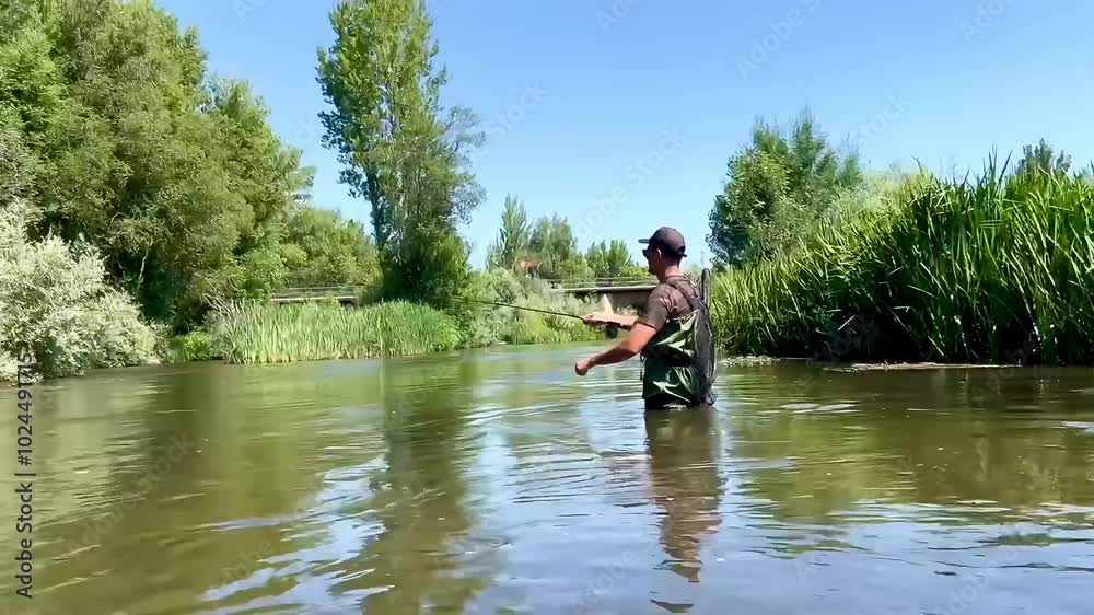 Video of a fisherman fly fishing in shallow river Video of a fisherman fly fishing in shallow river