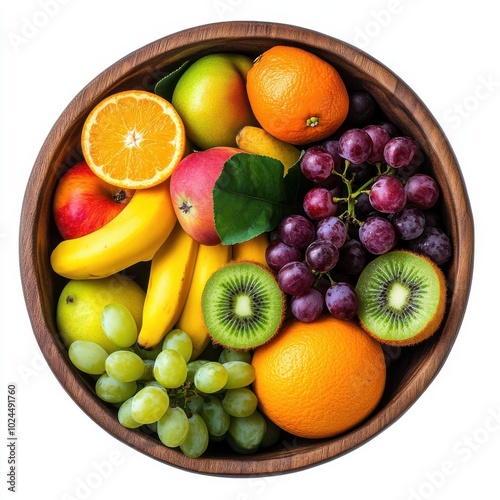 A wooden bowl filled with a variety of fresh fruits, including bananas, apples, oranges, grapes, kiwi