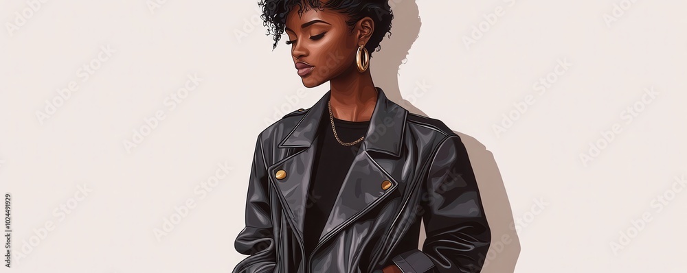 Stylish Black woman in a black leather jacket posing with elegant confidence Stylish Black woman in a black leather jacket posing with elegant confidence
