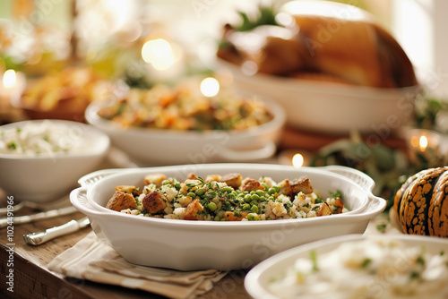 A table set for Thanksgiving dinner with a roasted turkey, stuffing, and side dishes.