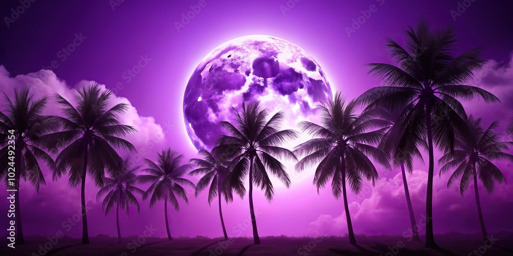 Obraz premium Macro purple background with palm trees and a full moon