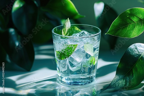 Refreshing Ice Water in a Glass with Green Leaf Details