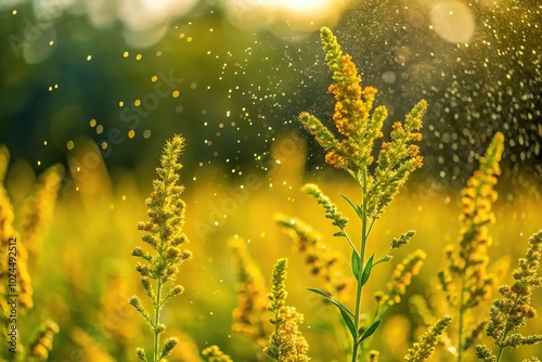 Macro Ragweed grass field with pollen in the air